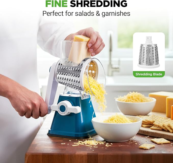 NutriChef 3 in 1 Cheese Grater & Shredder | Strong Suction Base, Rotary Handle with Safety Lock | Includes Hand Crank & 3 Drum Blades for 3 Textures, Fine, Medium & Strips | Blue