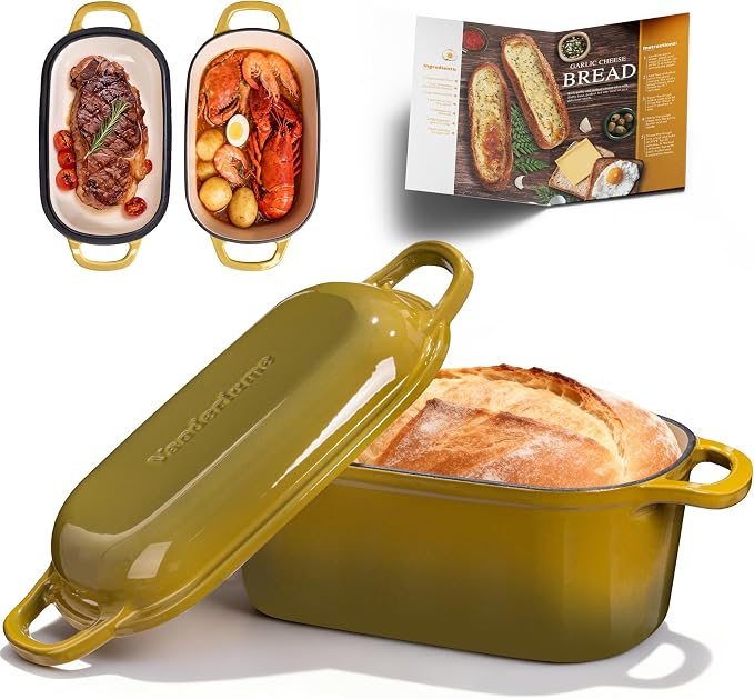 4.6-Quart Oval Dutch Oven for Bread Baking | 2 in 1 Cast Iron Bread Pan with Lid, Sourdough Baking Pan for a Crispy Crust, Olive