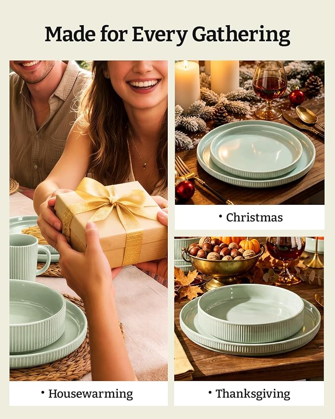 Famiware Ceramic Plates and Bowls Set, Dinnerware Sets, Ribbed Dishes for 4 | 12-Piece Stoneware Dishware, Lipped Edges, Chip & Scratch Resistant, Microwave & Dishwasher Safe, Everyday Use, Light Green