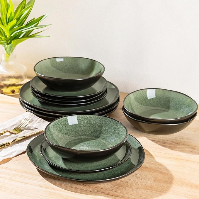 AmorArc Ceramic Dinnerware Sets for 4, 12Pcs Plates and Bowls Sets Dishes | Stoneware Handmade Reactive Glaze Dinner Set, Highly Scratch Resistant | Dishwasher & Microwave Safe Dishware