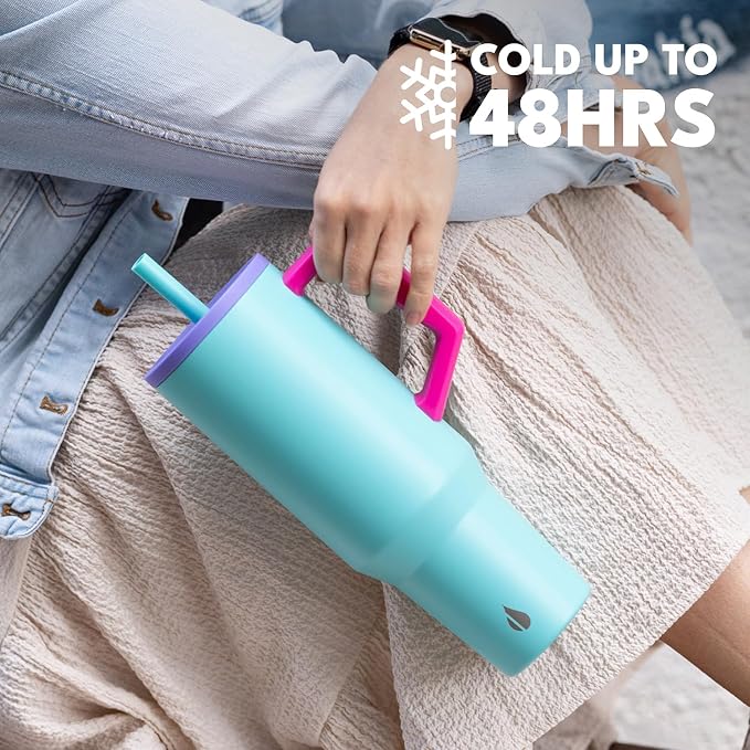 Elemental Spill Proof 40oz Insulated Tumbler with Handle & Straw Travel Mug | Stainless Steel Commuter Travel Coffee Mug for Cold Beverages, Includes 2 Straws & a Spill Proof Lid for Everyday Use