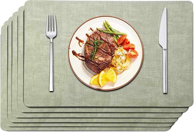Maxpearl Faux Leather Placemats Set of 6, Easy to Clean, Light Green | Waterproof - Heat Resistant - Non Slip - Wipe Clean Dining Table Place Mats, Suitable for Indoor & Outdoor Use, 17''×12''