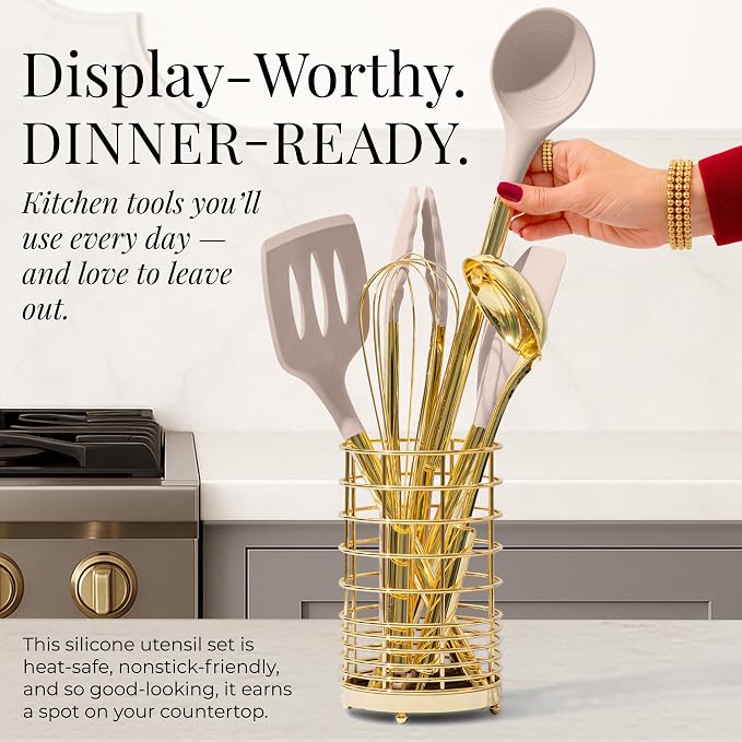 Styled Settings Beige and Gold Utensils Set, 23-Piece | Silicone Nonstick Cooking Tools with Garlic Press, Can Opener, Measuring Cups, Utensil Holder - Luxury Kitchen Accessories