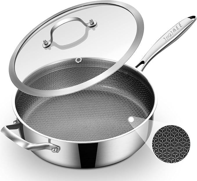 Inqibee 3QT Hybrid Nonstick Stainless Steel Saute Pan with Lid | Honeycomb Tri-ply Stainless Steel Deep Frying Pan, Deep Skillet for Sautéing, Frying & Meals, Induction Compatible, Oven Safe