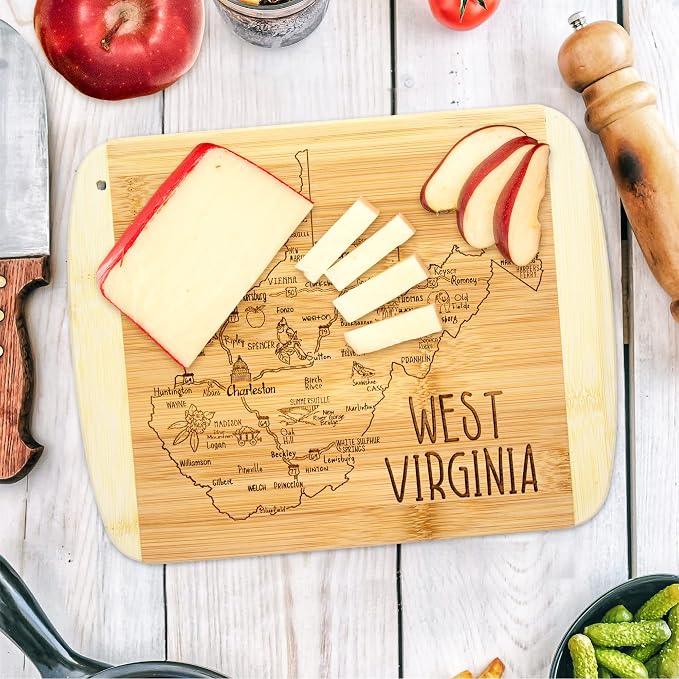 Totally Bamboo A Slice of Life West Virginia Engraved Map Cutting Board | 11” x 8.75” charcuterie board with engraved state map artwork. Smooth reverse side for food prep. Hang tie for wall display.