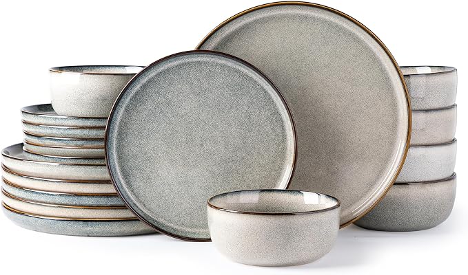 GBHOME Dinnerware Sets for 6, 18 Pieces Ceramic Plates and Bowls Set | Scratch Resistant Stoneware Dishes Set, Dishwasher & Microwave Safe, Reactive Glaze-Green Wheat