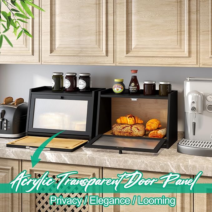 kiplant Bread Box with Cutting Board, Bamboo Bread Box for Kitchen Counter, Bread Storage Container with Wavy Arcylic Transparent Door (Black)