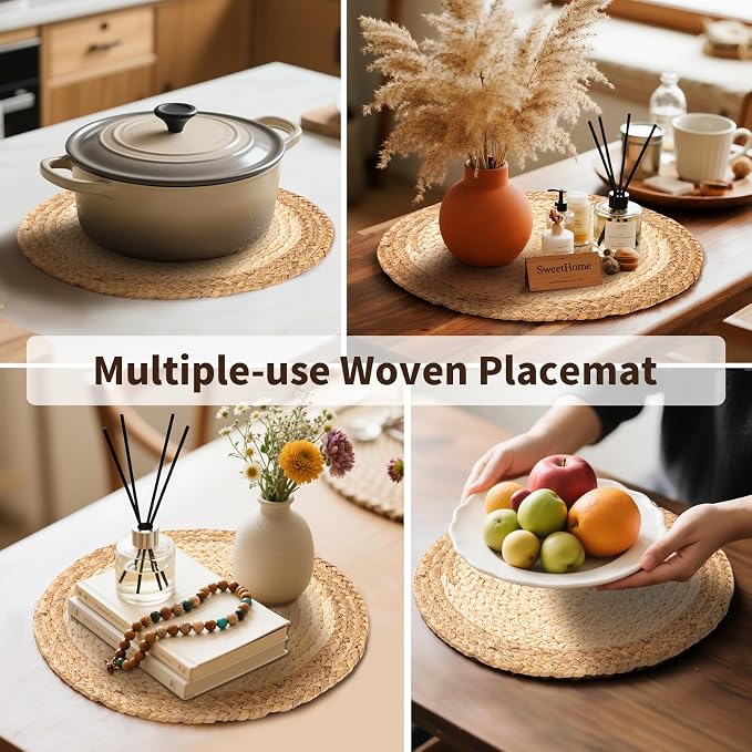 Handmade Boho Placemats Set of 4 | Natural Woven & Fabric Cotton Combo Table Mats | 8-Piece Versatile Place Mats | Rustic Farmhouse Style Dining Table Decor
