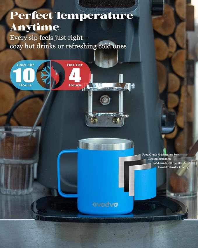 12oz Insulated Coffee Mug with Lid – Includes Two Lids, Stainless Steel Coffee Travel Mug with Handle, Double Wall Vacuum Insulated Camping Mug for Home, Office & Outdoor, Sapphire Blue