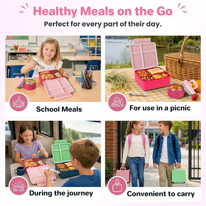 Bento Lunch Box for Kids with 8oz Soup Thermo,Kids Leakproof Lunch Food Containers with 4 Compartment,Kid Insulated Thermo Hot Food Jar for School,Trvael-Pink