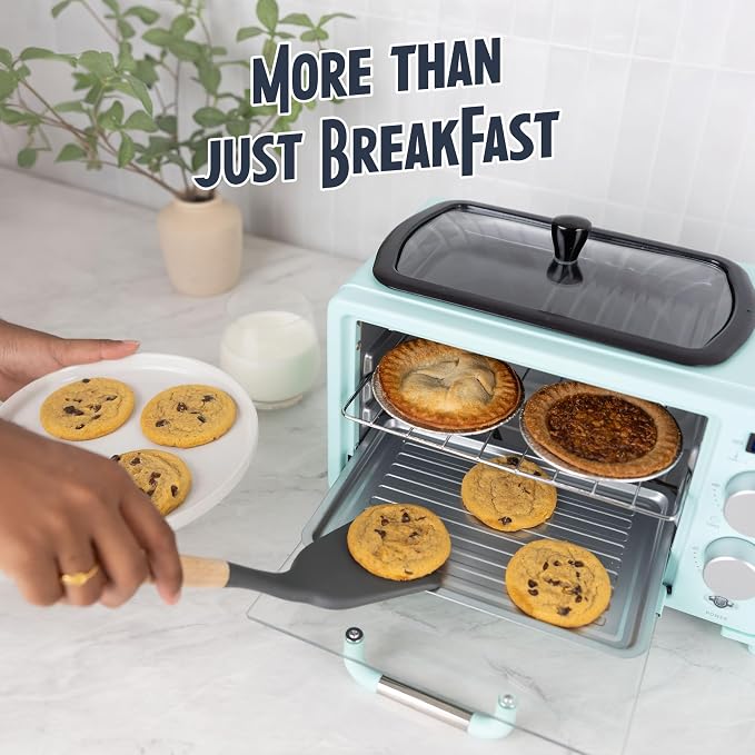 Nostalgia 3-in-1 Retro Breakfast Station - Includes 5 (4 Oz) Cup Coffee Maker, Non-Stick Ceramic Griddle, and 4-Slice Toaster Oven - Built-In Timer, Reusable Coffee Filter, Space-Saving Design - Aqua