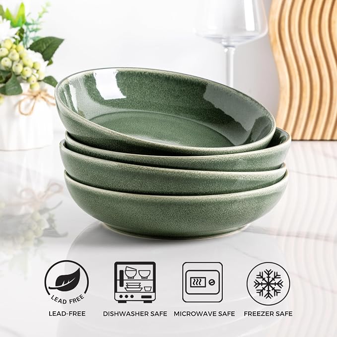 AmorArc 8.5’’ Ceramic Pasta Bowls Set of 4, 36oz Large Stoneware Bowls Set | Large Dinner Serving Bowls Set, Wide Bowl Plate for Pasta,Salad, Soup, Microwave Safe, Reactive Glaze-Jade Green