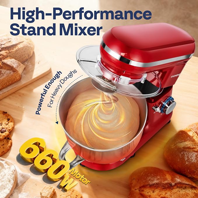 VIVOHOME Stand Mixer, 6-Quart Tilt-Head Kitchen Mixer with Bowl, Red | 10 Speeds, Splash Guard, Dough Hook, Beater, Whisk, Egg Separator, for Cake & Bread