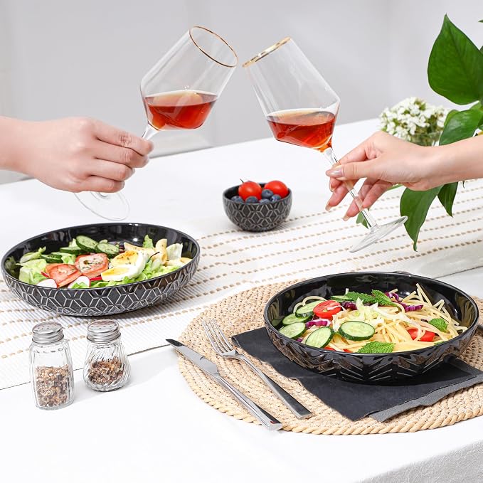 Sureasy Pasta Bowls Set of 4, 30oz Large Embossed Salad Bowls, 8.5 Inch Wide and Shallow Plate Bowls, Salad Bowl, Microwave, Oven & Dishwasher Safe, Black