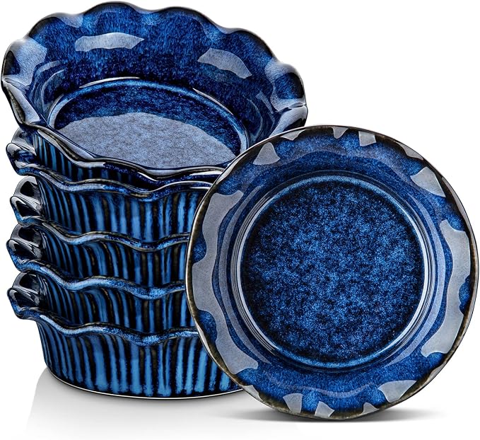 vancasso Ceramic Mini Pie Pans Set of 6, 5.2 Inch Small Pie Plates for Baking with Ruffled Edge, Individual Quiche Baking Dishes Tart Pans, Mini Pot Pie Plates for Microwave & Oven Safe, Blue