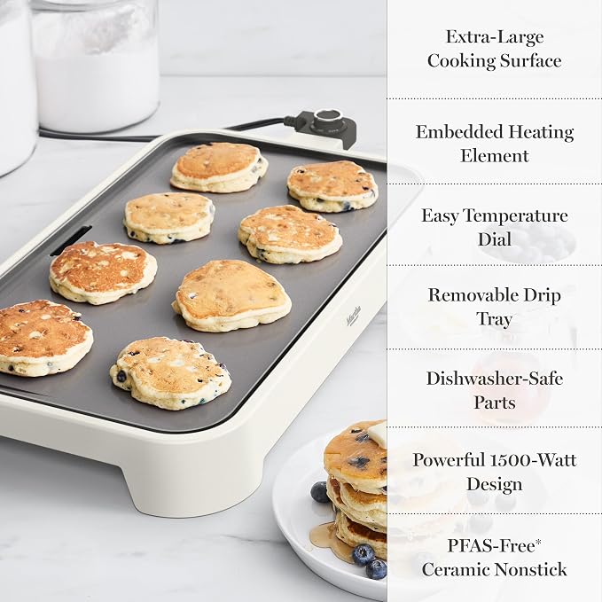 Martha Stewart 12"x 22" XL Electric Griddle, Ceramic Nonstick Flat Top | PFAS-Free Nonstick Grill, XL Cooking Surface for Pancakes & Eggs, Adjustable Temp Dial, Drip Tray, 1500W Heating, Linen White