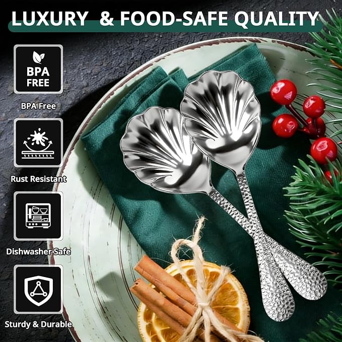 Serving Spoons 4Pack, Hammered Serving Spoons for Buffet 18/10 Stainless Steel Large Serving Spoons Set, Scalloped Design Serving Utensils for Party Catering Dinner Banquet Cooking(Silver)
