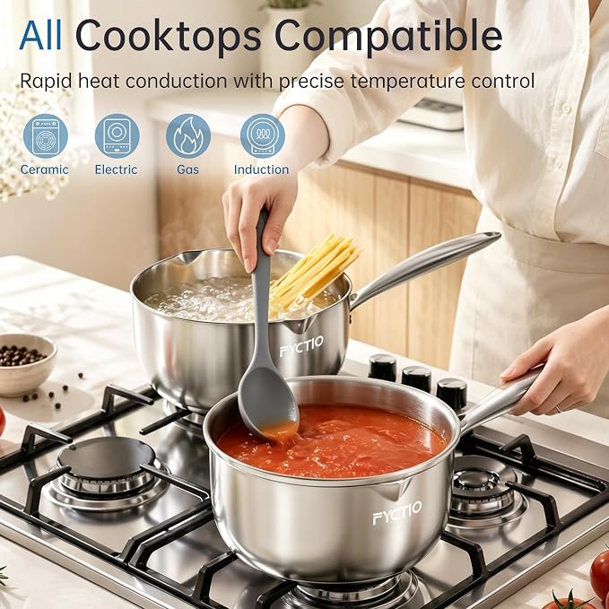 Tri-Ply Stainless Steel Sauce Pan, 2.5 Qt Saucepan with Strainer Lid | Non-Toxic, Dual Pour Spouts, Measurement Mark, Compatible All Cooktops, Anti-Scald Handle, Oven Safe 500°F, Dishwasher Safe