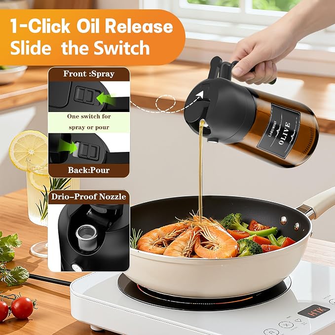 Olive Oil Sprayer & Dispenser for Cooking, 16oz Dark Glass Oil Mister, 2PC | 2-in-1 Oil Sprayer & Pourer, Fine mist, Light-Blocking, Wide Mouth for Easy Refill & Clean, 8 Oil Labels, Reusable
