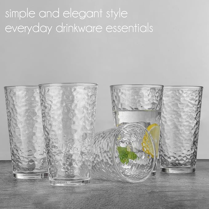 ALINK 16 oz Drinking Glasses, Set of 6 Hammered Glass Cups, Clear Heavy Base Stemmed Highball Water Glasses for Beer, Iced Coffee Cups, Cocktail Glasses, Wine, Iced Tea, Dishwasher Safe