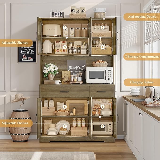 HOSTACK 71" Kitchen Pantry Storage Cabinet, Farmhouse Kitchen Hutch Cabinet | with Charging Station / 2 Drawers / Countertop / Adjustable Shelves, Free Standing Food Pantry Cabinet, Dining Room, Brown