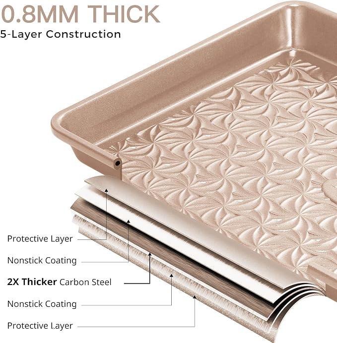 Nonstick Baking Sheet Pan Set of 3, Cookie Sheets for Oven, Non-Toxic Half/Quarter/Jelly Roll Pans with Floral Swirl Texture, Heavy Duty 0.8mm Thick Oven Trays for Cooking, Champagne Gold