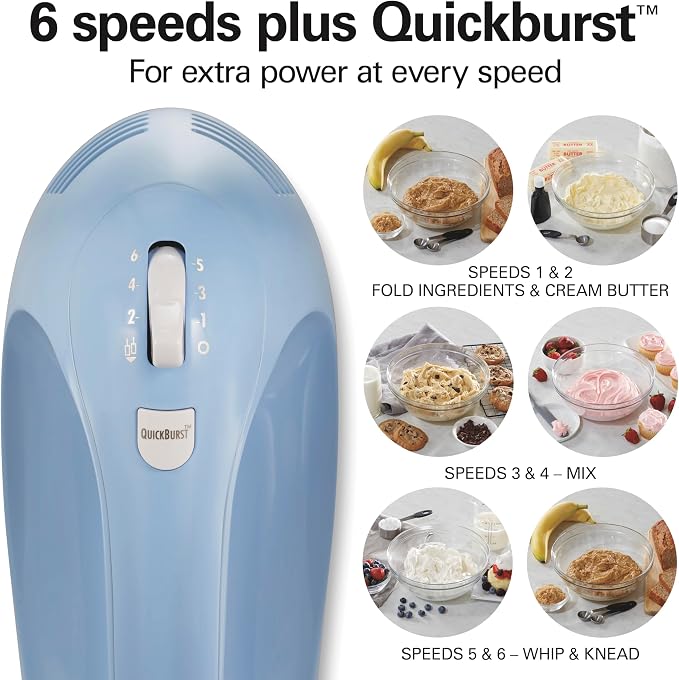 Hamilton Beach 6-Speed Electric Hand Mixer with Whisk,Dough Hooks and Easy Clean Beaters,Powerful 275 Watt Motor,Snap-On Storage Case,Blue,(Pack of 2)