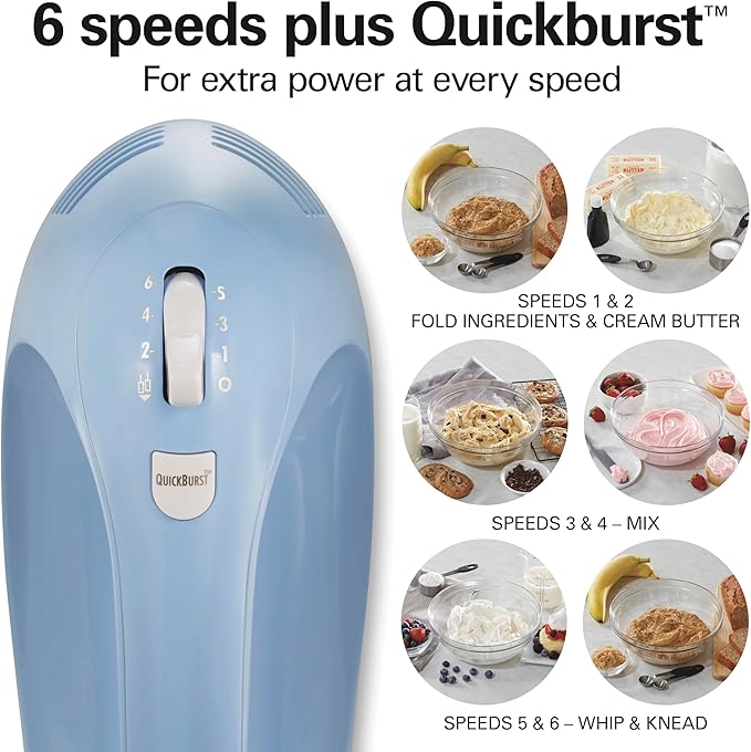 Hamilton Beach 6-Speed Electric Hand Mixer With Easy Clean Beaters | Traditional Beaters | Dough Hooks | Whisk | Snap-On Storage Case | 275 Watt Motor | Blue | 62677J