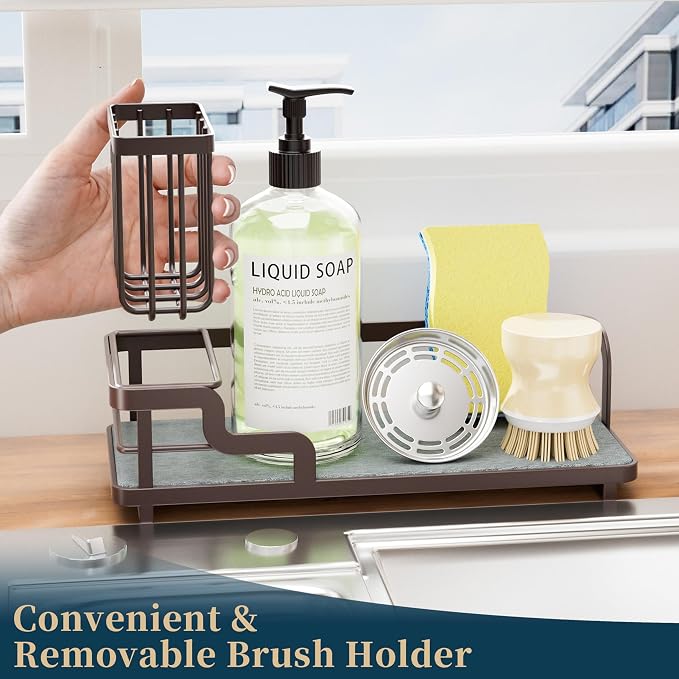 Consumest Sponge Holder for Kitchen Sink - Sink Caddy Organizer with Water Absorbing Stone Tray, Detachable Brush Holder, Stainless Steel Kitchen Counter Organizer Rack, Bronze
