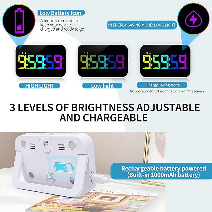 Digital Timer for Classroom, Pomodoro & Kitchen, Rechargeable Magnetic Countdown Timer with Large LED Display, Loud Alarm, 3 Volume Levels, Vibration Mode & 3 Brightness Settings