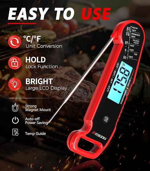 Atogou Professional Meat Thermometer Digital, <1 Sec Instant Read, Red | ±0.5℉Accuracy, IP67 Waterproof, Thermocouple Sensor Probe, with Hold, Magnetic Back, for Kithchen, BBQ, Grill for Men Him Dad