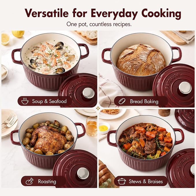 SENSARTE 5.5QT Dutch Oven with Lid, Enameled Cast Iron Dutch Pot Oven Safe | Casserole Dish for Bread Baking, Stock Pot for Stews, Braising, Features Moisture-Sealing Lid, Kitchen Essentials, Red