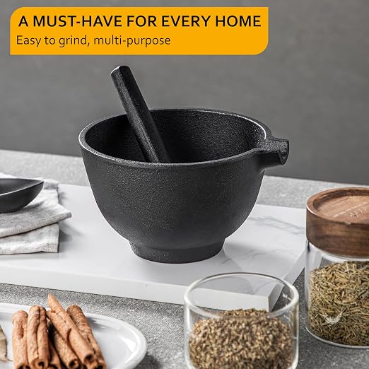 Velaze Cast Iron Mortar and Pestle Set,3 Cup Capacity | 6.5 Inch Pestle,27 oz Molcajete,Pour Spout Design,Spice Grinder,Smasher for Pesto,Herbs,Seasonings,Homemade Recipes,Pills