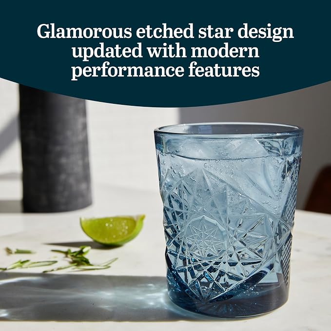 Libbey Hobstar Double Old Fashioned Glasses, Blue Colored Cut Glass Drinking Glasses Set of 4, Durable, Vintage Whiskey Glasses for Cocktail, Drinks