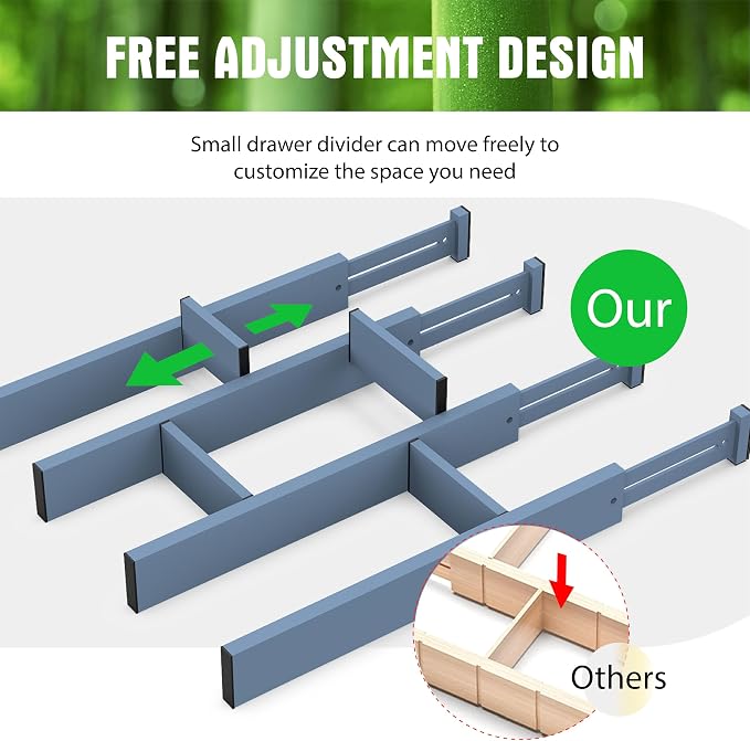 Bamboo Drawer Dividers, Expandable Drawer Separators Splitter,17-22 inches Long Adjustable Spring-loaded Organizer for Large Utensil, Clothes, Tools Drawers (Blue)