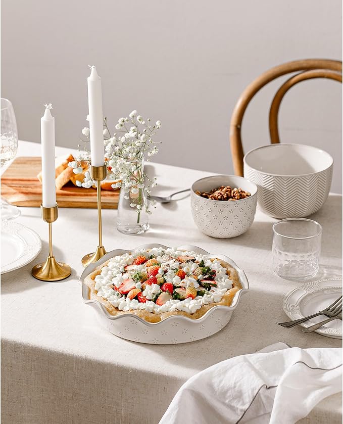 Ceramic Deep Pie Pan for Baking, 11 inch Porcelain Pie Plate for Apple Pie, Oven & Dishwasher Safe, Farmhouse Decor, 48 Ounce Deep Plate for Kitchen, Non-Stick Pie Dish, Embossed Flower