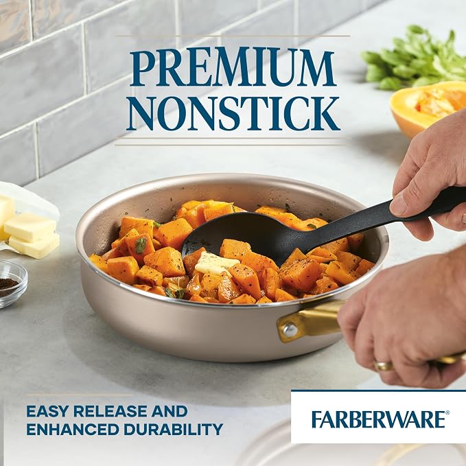 Farberware Radiant Nonstick Saute Pan with Lid, Dishwasher Safe, 2.75 Quart, Champagne