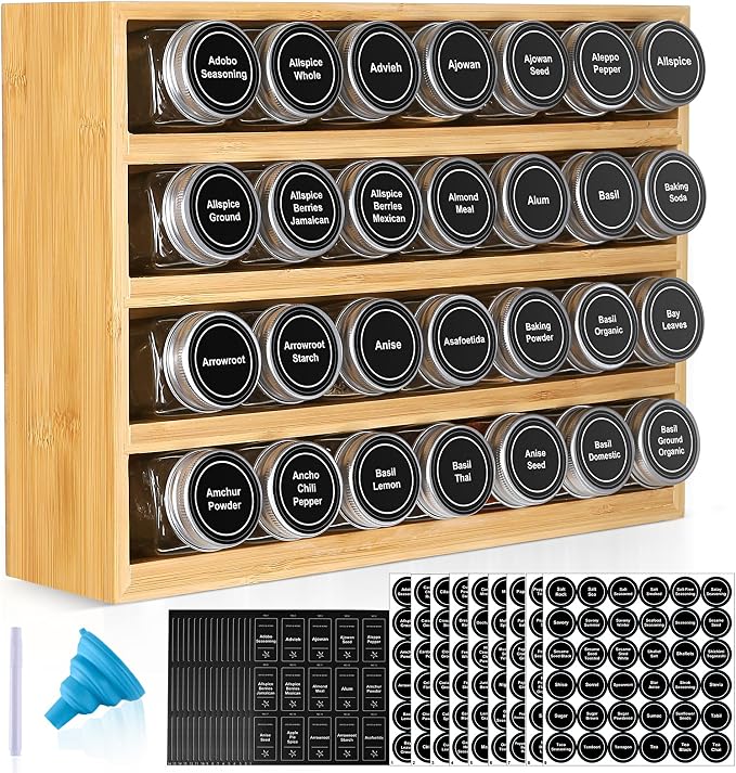 Bamboo Spice Rack Organizer With 28 Glass Spice Jars 4 oz, for Countertop | 780 Labels, 4 Tier Wood Hanging Shelf, Chalk Marker and Funnel Set for Drawer Cabinet Kitchen Wall Mount, Empty 4 oz Jars