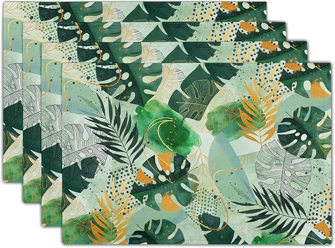 Tropical Palm Leaves Place Mats Set of 4 Green Gold Leaf Summer Washable Heat Resistant Table Mats Linen Fabric Table Mat 12×18 Inch for Party Kitchen Dining Home Decor