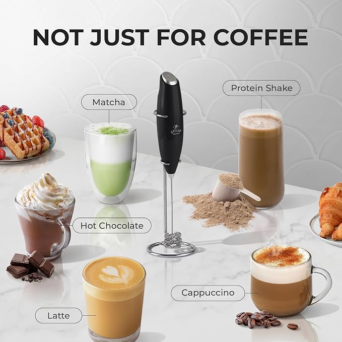 Zulay Kitchen Powerful Milk Frother Wand With Duracell Batteries - Ultra Fast Handheld Drink Mixer - Electric Whisk Foam Maker for Coffee, Lattes, Cappuccino & Matcha - Triple Whisk - Quartz Obsidian