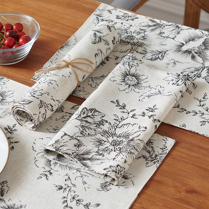 JINCHAN Alice Linen Floral Placemats Set of 4 Farmhouse 13x19 Inch Black | Fabric Placemats, Cottage Style, Floral Line Art, Machine Washable, Easy to Store, Reusable