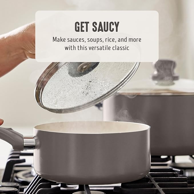 GreenLife 2QT Ceramic Nonstick Saucepan with Lid, Light Gray | PFAS-Free Ceramic Nonstick Coating, Soup Pot, Induction Ready, All Stovetop Compatible, Stay-Cool Handles, Dishwasher Safe