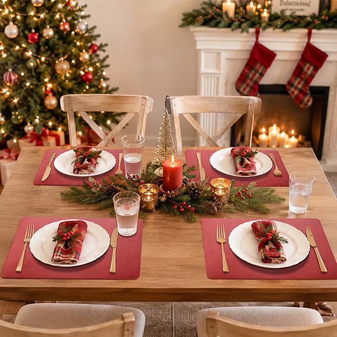 Maxpearl Faux Leather Placemats Set of 4, Easy to Clean, Retro Red | Waterproof - Heat Resistant - Non Slip - Wipe Clean Dining Table Place Mats, Suitable for Indoor & Outdoor Use, 17''×12''