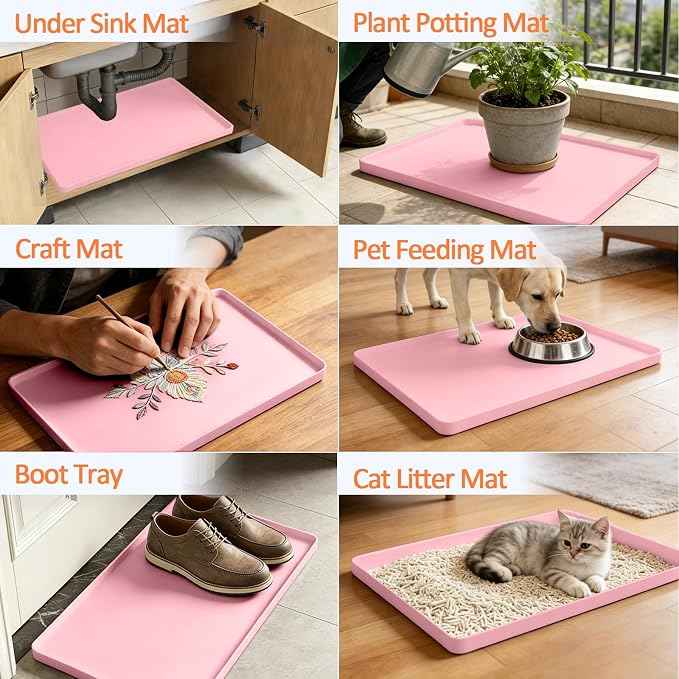 Silicone Coffee Maker Mat with Lip for Countertops, 15.7'' x 11.8'', Pink | Multi leak-proof coffee tray for countertop, non-slip silicone mat fits most coffee makers & espresso machines, wipe-clean