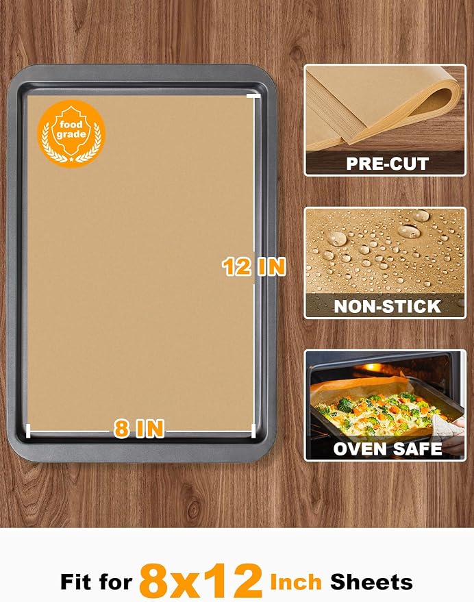 SMARTAKE 200 Pcs Parchment Paper Baking Sheets, 8x12 Inches, Non-Stick | Unbleached Pre-Cut Greaseproof Baking Parchment, Oven Safe up to 450°F, for Grilling Frying Steaming Bread Cup Cake Cookies