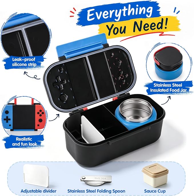 Kids Lunch Box with 9oz Thermo, Game Bento Box for Boys & Girls, 2-Compartment Meal Container with Stainless Steel Spoon & Sauce Cup, Food-Grade, Dishwasher Safe, Ideal for School & Travel (Blue/Red)
