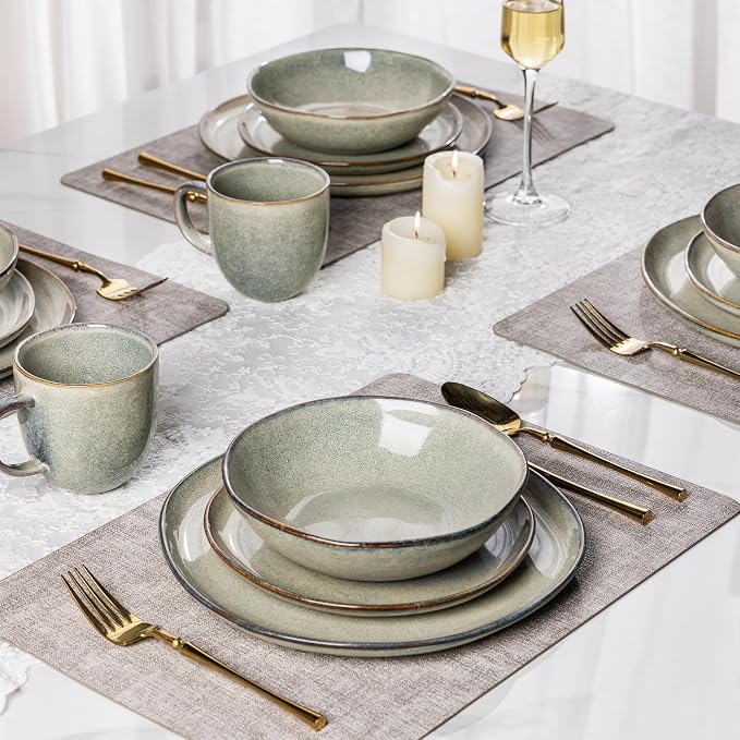 AmorArc Ceramic Dinnerware Sets for 4, 12Pcs Plates and Bowls Sets Dishes | Stoneware Handmade Reactive Glaze Dinner Set, Highly Scratch Resistant | Dishwasher & Microwave Safe Dishware