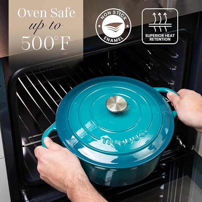 Nuovva Enamelled Cast Iron Dutch Oven Pot with Lid-6.4 Quart Non Stick Casserole Pot-Heavy Duty & Oven Safe up to 500° F for Bread Baking, Braising, Stews, Roasting - 28cm Teal