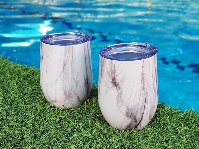 CHILLOUT LIFE 12 oz Stainless Steel Wine Tumblers 2 Pack - Double Wall Vacuum Insulated Wine Glasses Cups with Lids and Straws Set Keeping Cold & Hot for Coffee, Beer, Ice Cream - Carrara Marble
