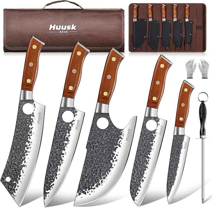 Huusk Butcher Knives for Meat, Hand Forged Carbon Steel Viking Kitchen Knife Set with Roll Bag, Meat Cleaver Chef Knife Sets for Cooking Camping BBQ, Gift for Men Husband | Japanese Craftsmanship, Viking Style, for Home Kitchen Outdoor BBQ Camping, wit...
